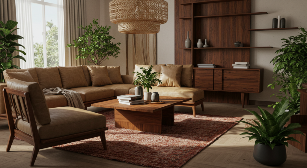 A modern and cozy living room featuring a warm brown leather sectional sofa, a wooden coffee table, and a matching accent chair. The room is styled with lush green plants, woven lighting, and an elegant wooden shelving unit with minimalist decor. A large window allows natural light to enhance the earthy tones and soft textures.