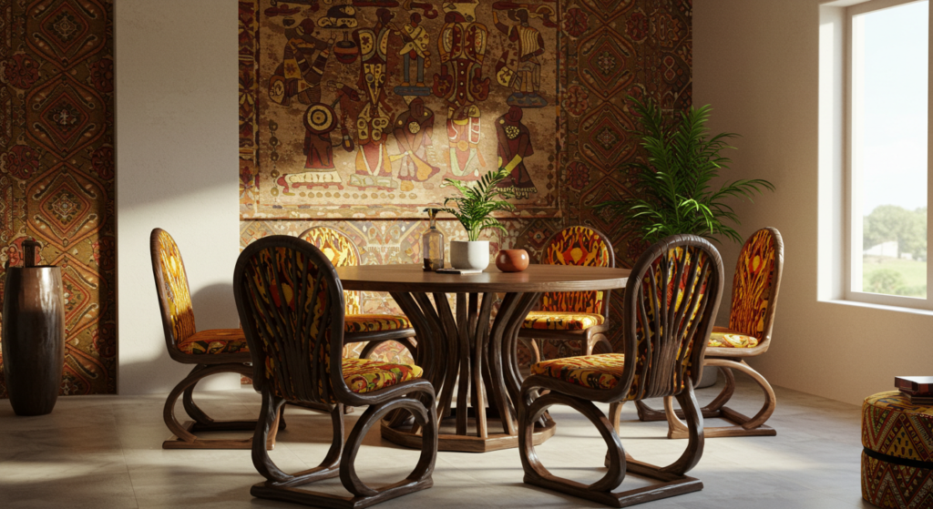 A stylish dining room with a handcrafted wooden table and intricately designed chairs, upholstered in vibrant African print fabric. The space is enriched with traditional wall art, warm earthy tones, and lush greenery, creating a rich cultural ambiance.