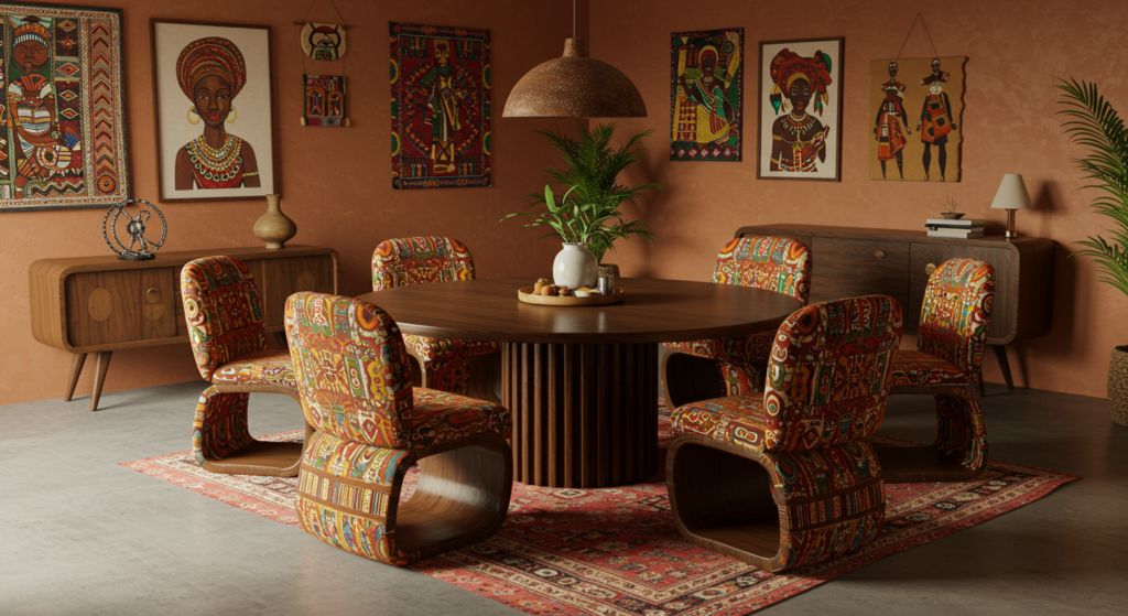 A beautifully designed Nigerian dining room featuring a round wooden table surrounded by curved chairs upholstered in vibrant African print fabric. The space is adorned with traditional artwork, wooden sideboards, and warm earthy tones, creating a rich and cultural ambiance. A central pendant light and indoor plants add a modern yet natural touch.