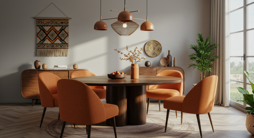 A modern dining room featuring a round wooden table surrounded by plush orange chairs, complemented by warm earthy decor, woven wall art, and soft natural lighting.