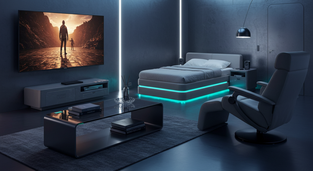 A futuristic smart bedroom and living space featuring ambient LED lighting, a sleek glass coffee table, a smart recliner with a touchscreen interface, and a modern bed with integrated lighting. The room has a high-tech, luxurious, and cinematic aesthetic.