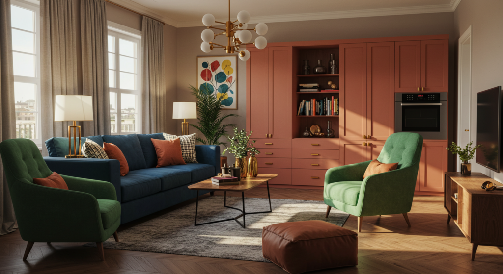 A modern Nigerian living room featuring a deep blue sectional sofa, a green accent chair, and warm terracotta cabinetry, complemented by gold decor and lush indoor plants.