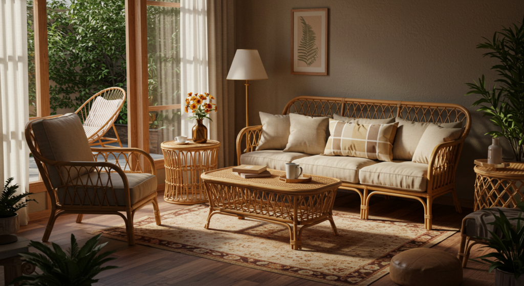 A cozy living space incorporating 2025 Nigerian furniture trends, featuring elegant rattan furniture, including a sofa, armchair, coffee table, and side tables, set against a backdrop of large windows with lush greenery outside.